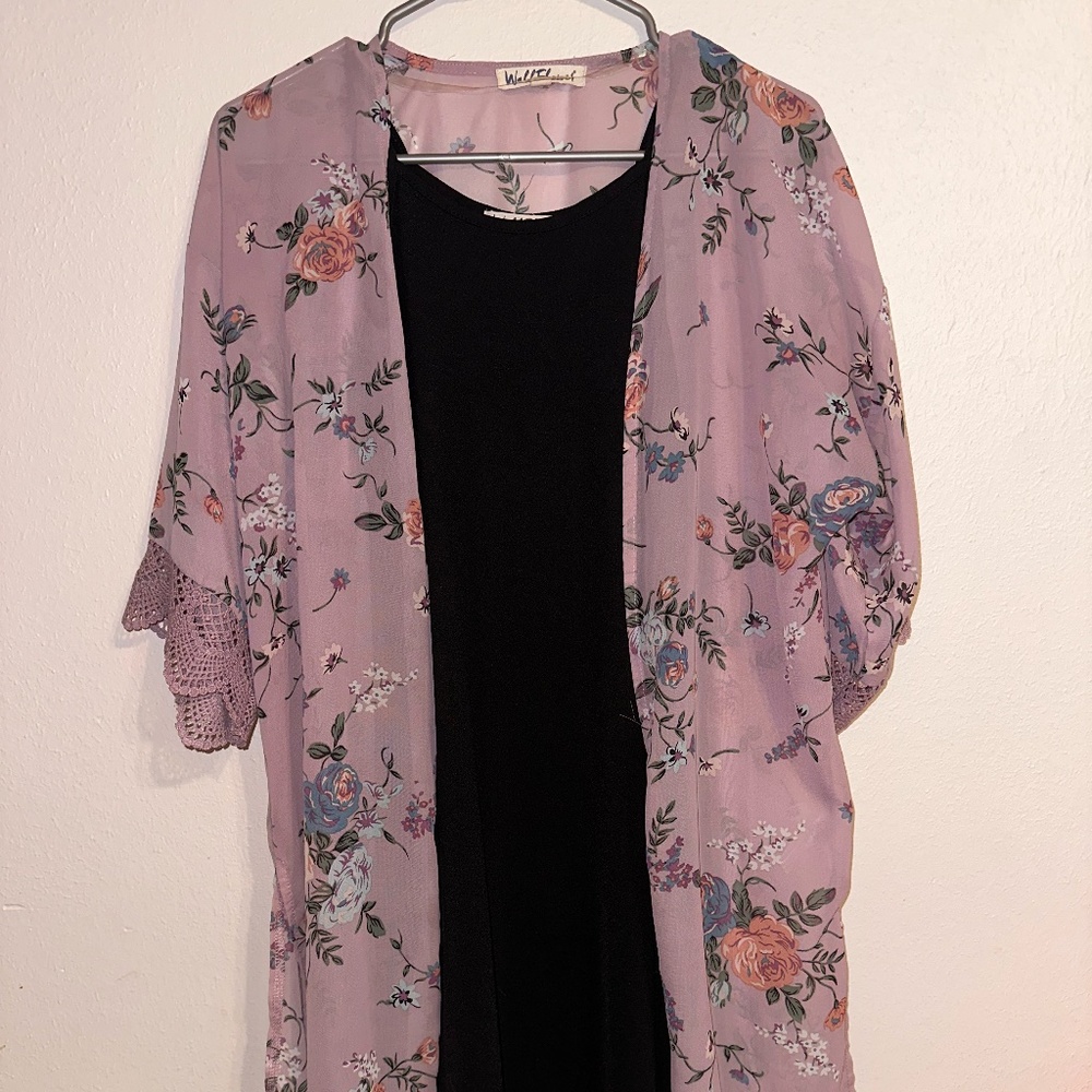 Juniors' WallFlower Kacie Swing Dress With Lace Trim Kimono | S | Black